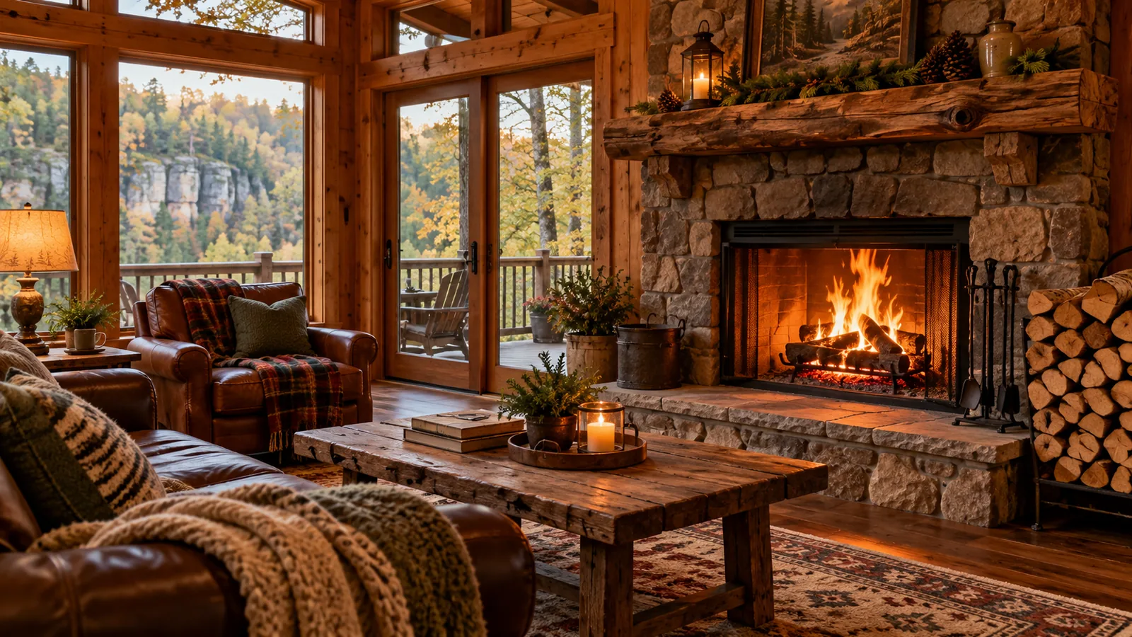 Warm wood-burning stone fireplace with stacked firewood inside a cabin