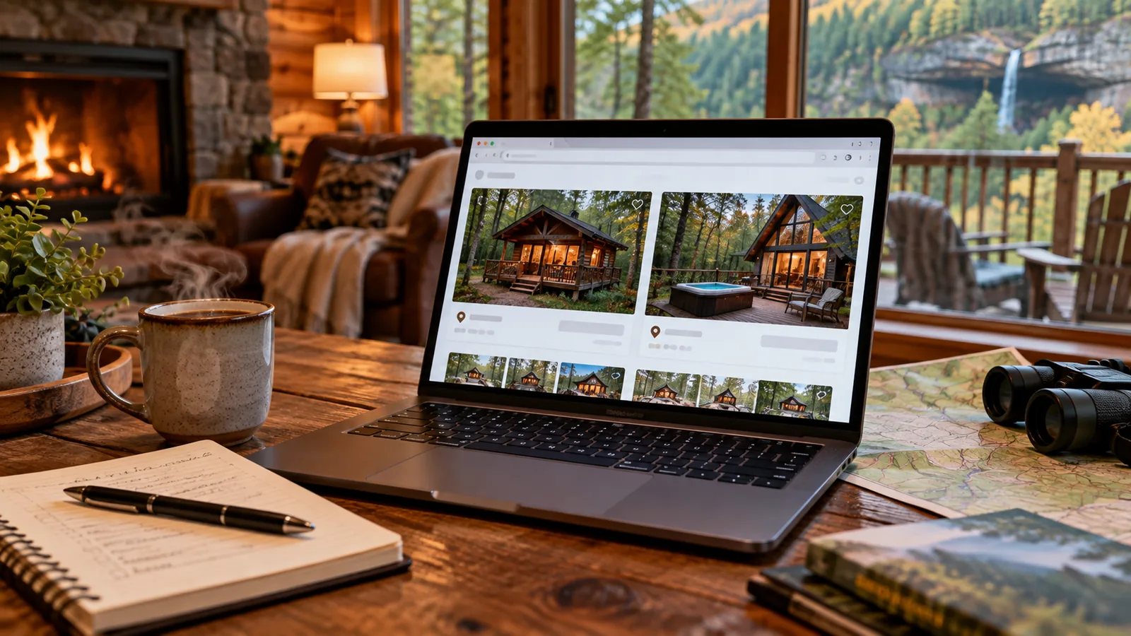Laptop and notebook used to compare Hocking Hills cabin listings