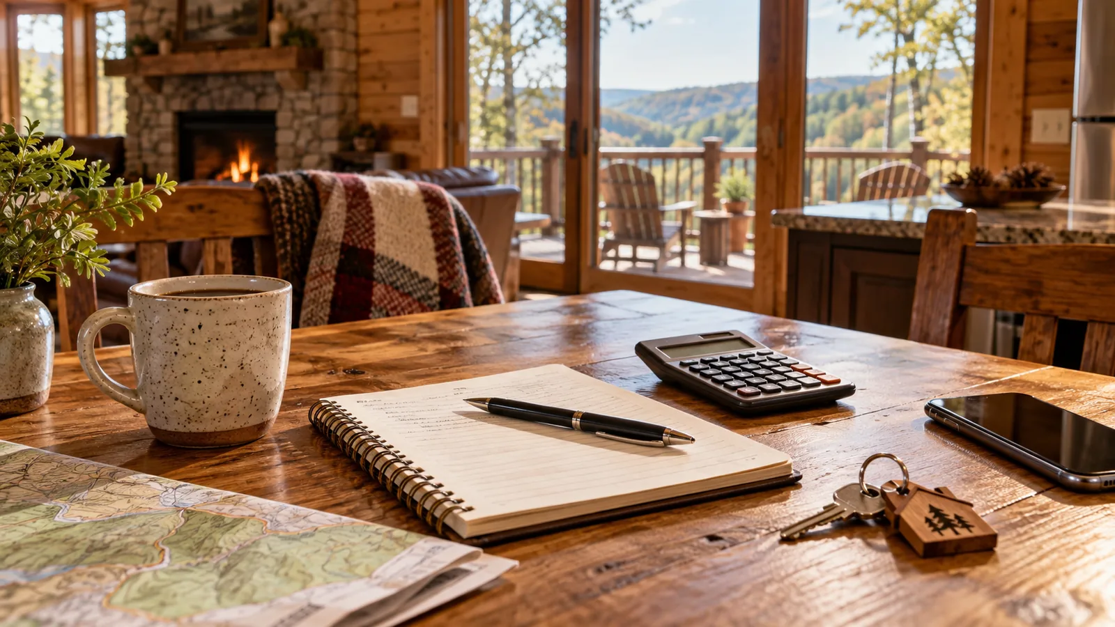 Cabin trip planning table with notebook, calculator, phone and keys