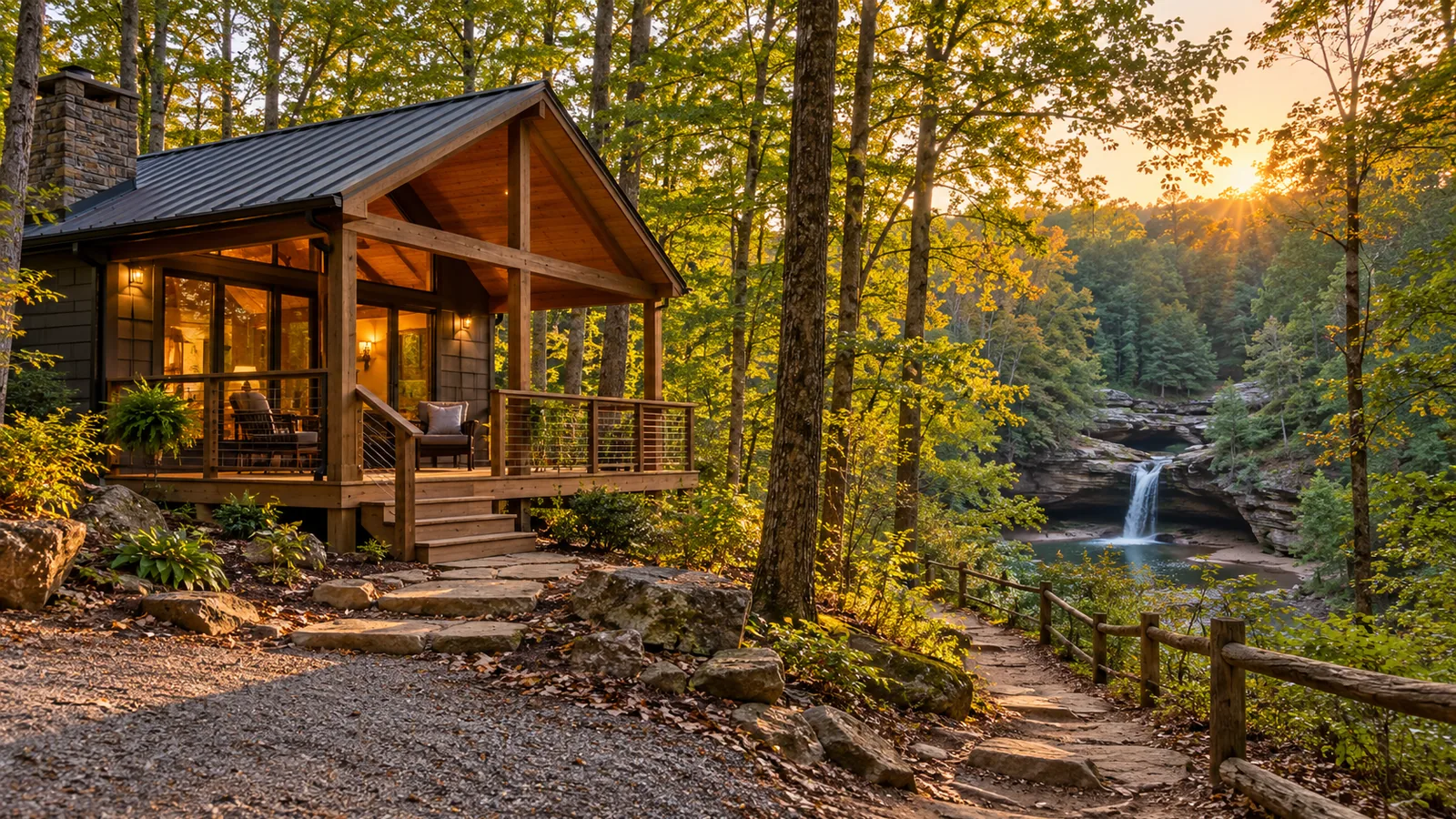 Wooded Hocking Hills cabin beside a trail in warm evening light