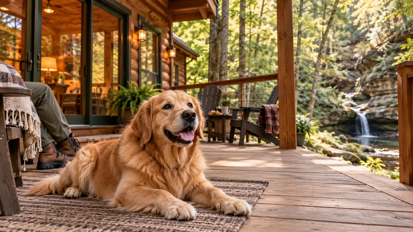 Golden retriever relaxing on the porch of a Hocking Hills cabin