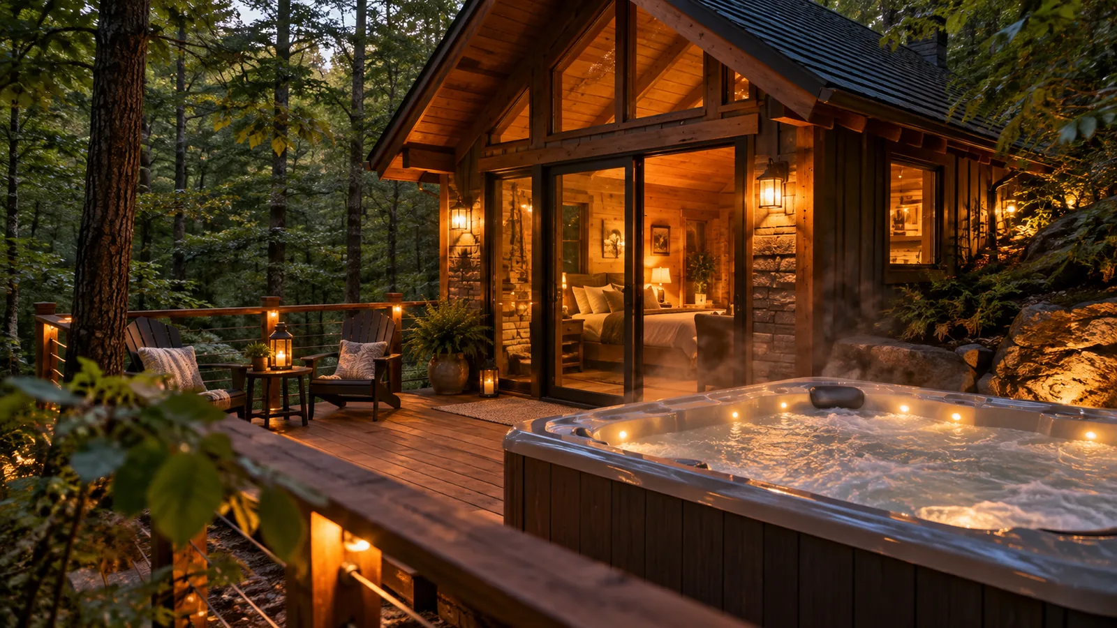 Private hot tub on the deck of a romantic woodland cabin at dusk