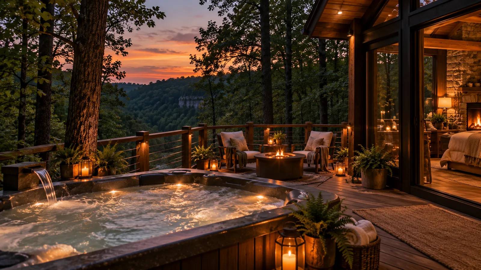 Romantic private cabin deck with hot tub, fire pit and wooded sunset view