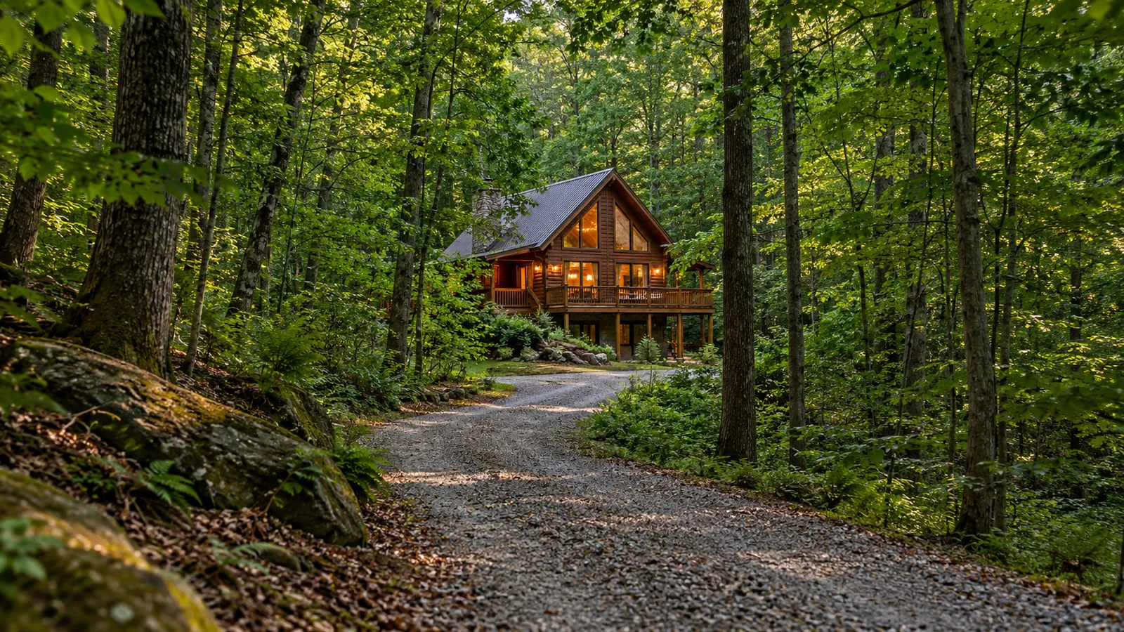 Secluded Hocking Hills cabin reached by a long gravel drive through dense woods