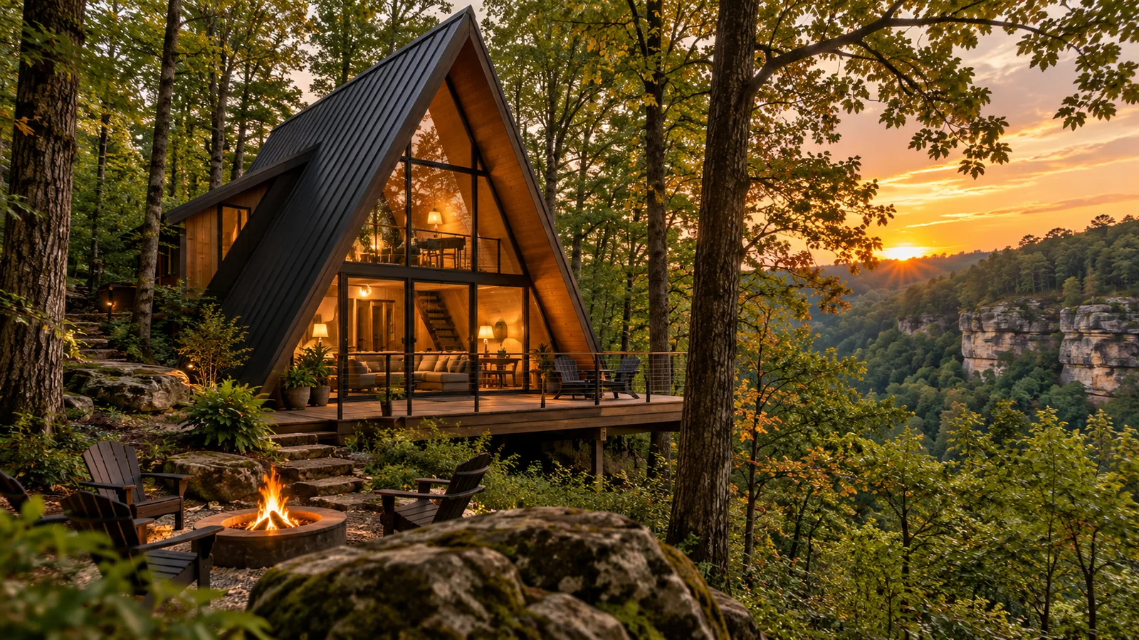 Modern A-frame cabin glowing at sunset in the wooded Hocking Hills