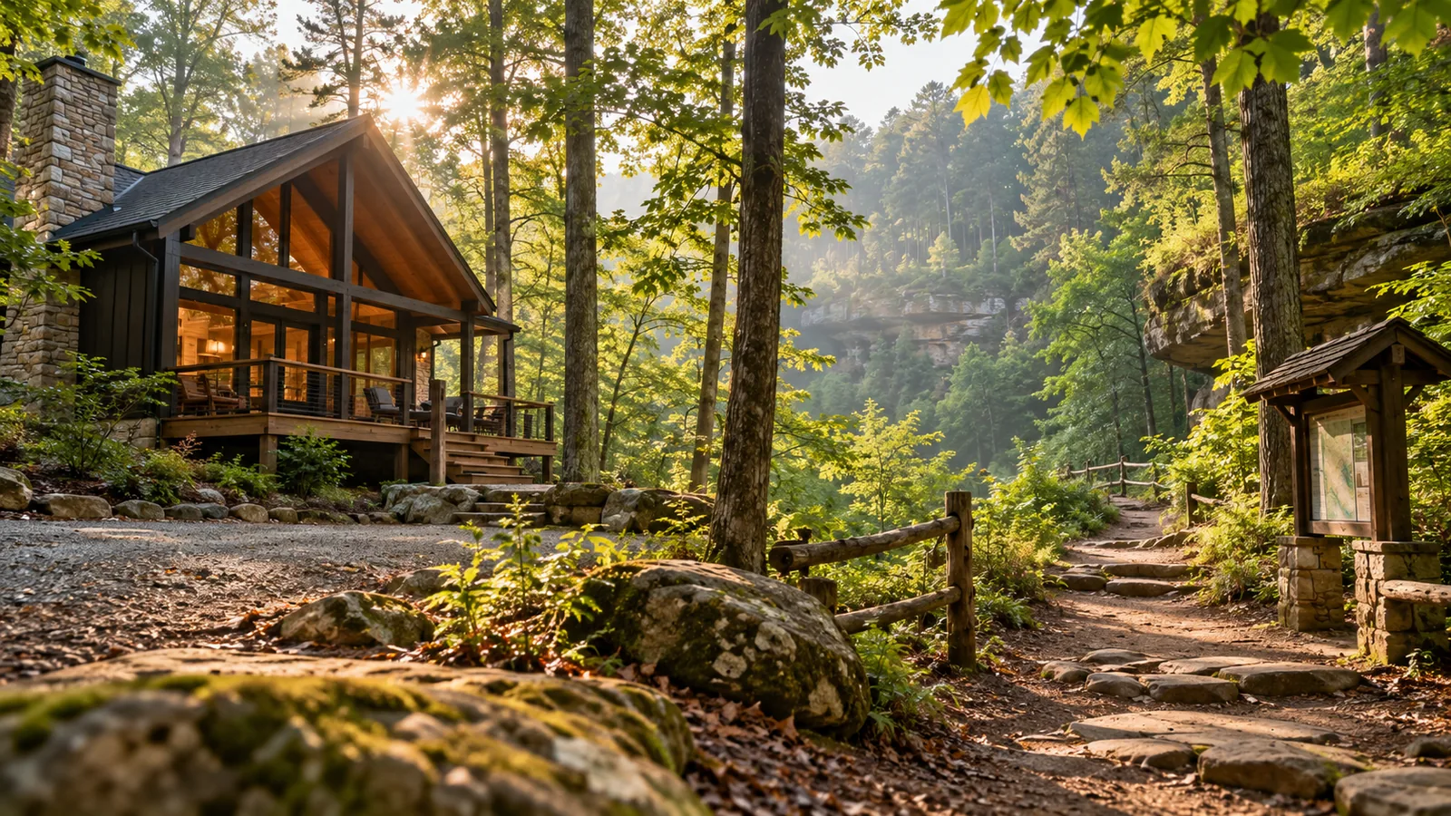 Cabin beside a wooded Hocking Hills trailhead and stone path